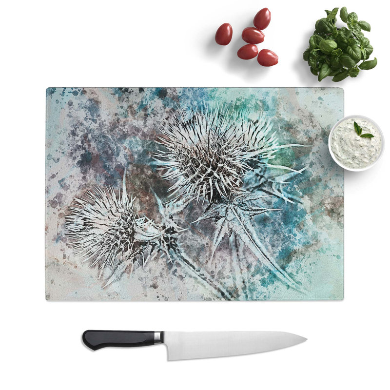 Tempered Glass Thistle Flower in Abstract Chopping Board, 28.5 cm W x 20 cm L