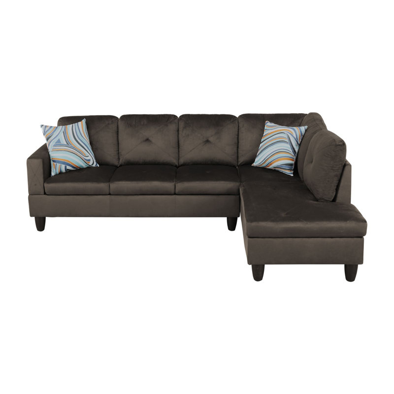 Upholstered L-Shaped Sectional, Taupe Velvet, Right Hand Facing