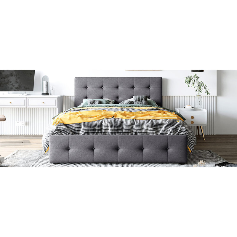 Lit plateforme tapissier gris foncé, grand lit avec 4 tiroirs et classique, sans sommier, revêtement en lin, tête de lit à structure en bois massif, gris. Taille. Ressort nécessaire. Support de panneau de particules.