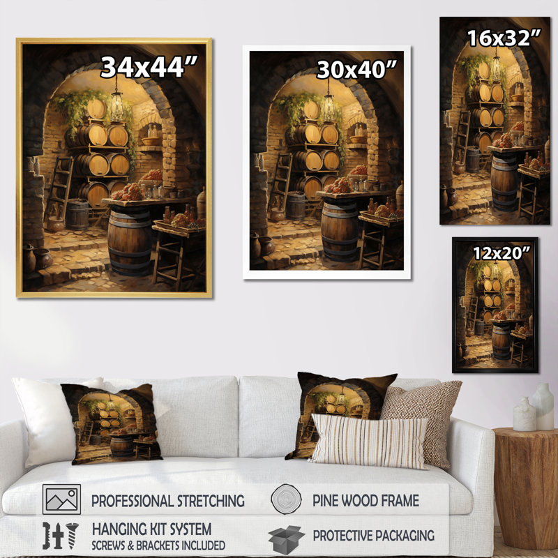 «French Wine Cellar I», reproduction d'art sur toile Champagne, H 32 po x l 16 po x P 1 po, Cadre doré simple