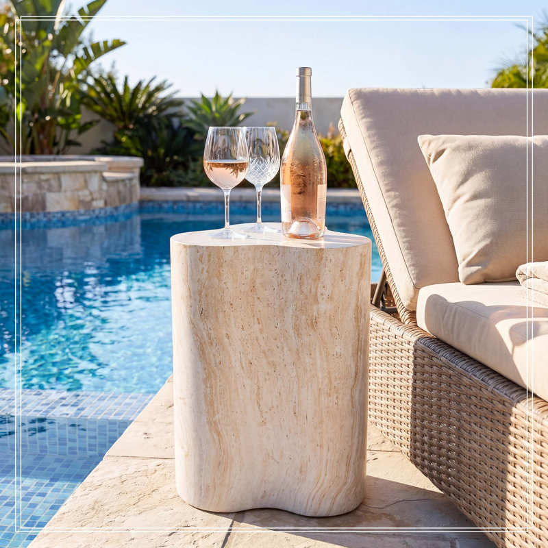 Table d'appoint d'extérieur / d'intérieur Organic Look Travertine MGO, hauteur 18,11 po résistante aux intempéries pour patio, salon et chambre à coucher