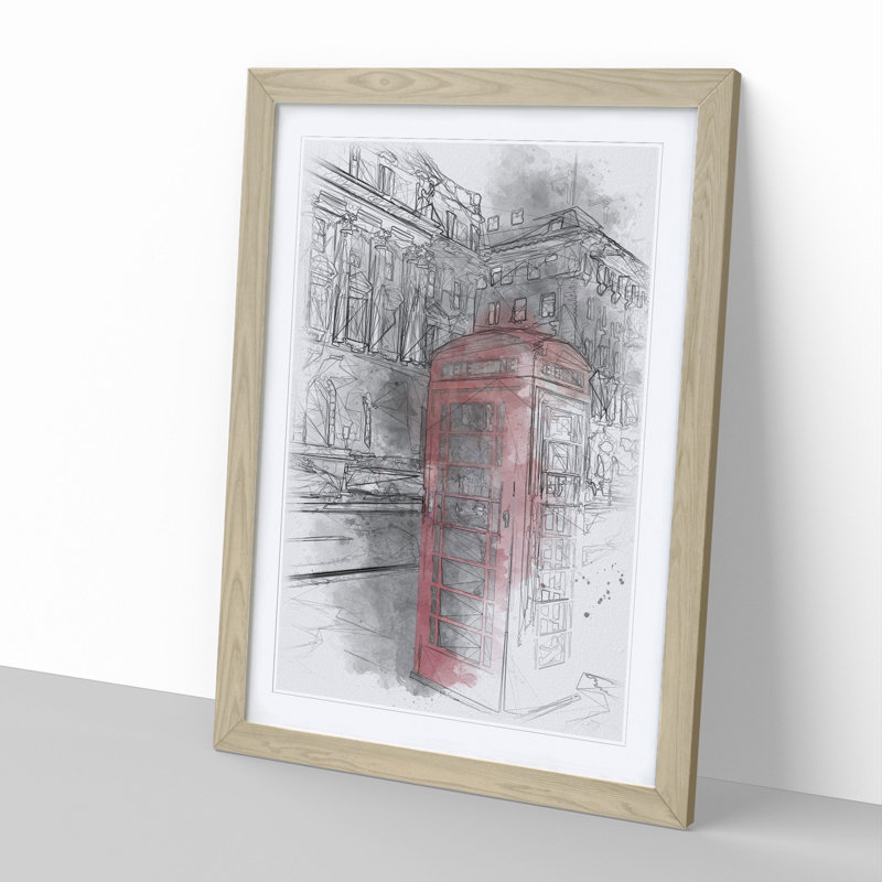 Red Telephone Box - Picture Frame Drawing, 48cm H x 36cm W x 2cm D, Oak Framed