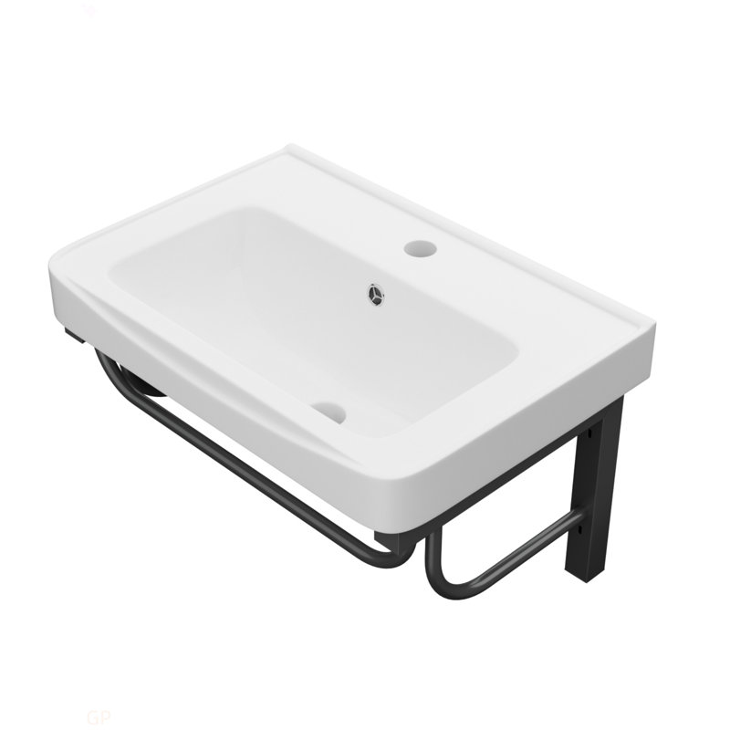 Lavabo de salle de bain mural rectangulaire en céramique 19,88 "X 14,25" avec barre à serviettes et trop-plein noir