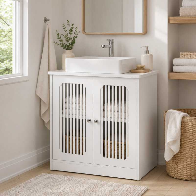 Base de meuble-lavabo autoportant avec tablette réglable et dispositif anti-basculement