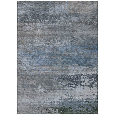 Pewter Navy Blue And Charcoal Abstract Washable Indoor Outdoor Area Rug