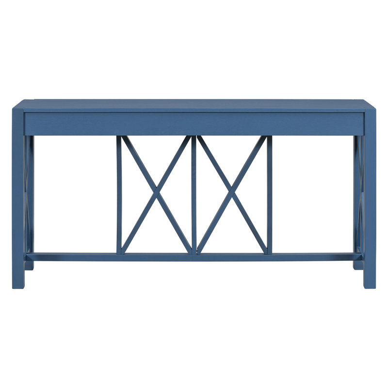 Console en placage d'acacia 60 po - 4 tiroirs spacieux et rangement inférieur ouvert, conception moderne en X à pieds croisés pour le vestibule, le salon et la cuisine