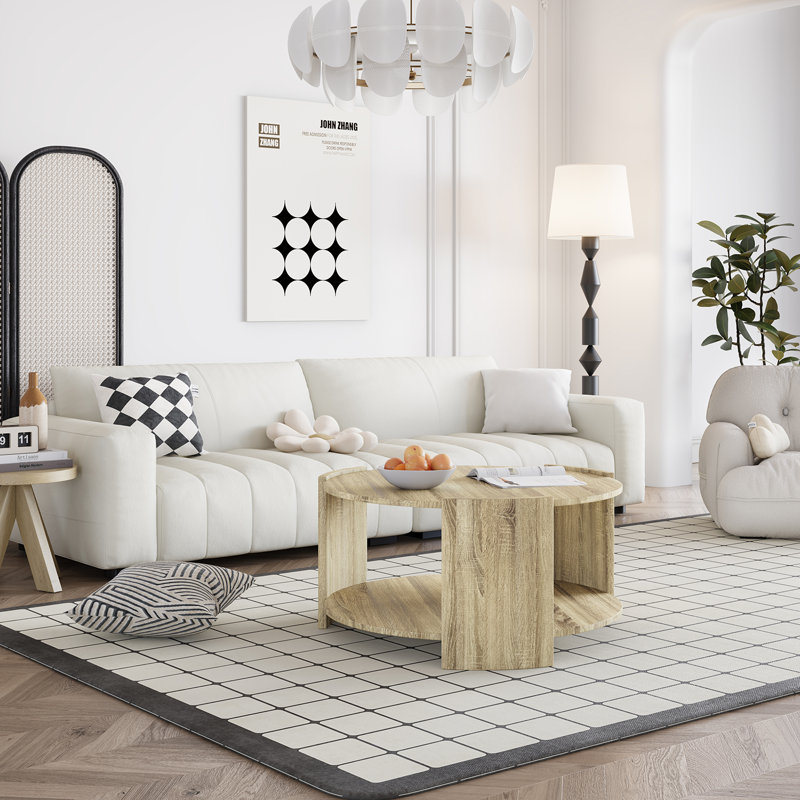 Light Brown Round Wood Coffee Table with 2-Tier Storage