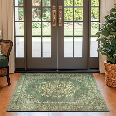 Vintage Floral Distressed Design Non-Slip Low-Pile Soft Thin Faux Wool Area Rug