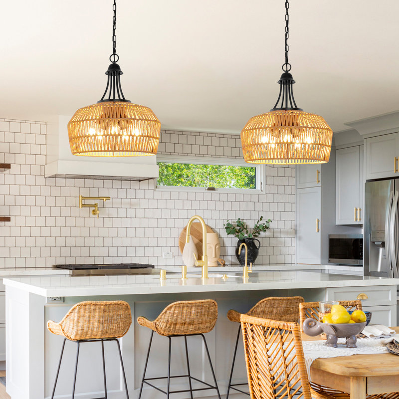  Lustres 18,5 po en rotin pour salle à manger, luminaire suspendu 5 lumières Boho, abat-jour tissé à la main pour îlot de cuisine, chambre à coucher, salon, hauteur réglable