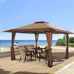 Clata 13 Ft. W x 13 Ft. D Outdoor Canopy Patio Gazebo Tent with Elegant Corner Curtain for Backyard, Party, Brown Metal Pop-up Canopy