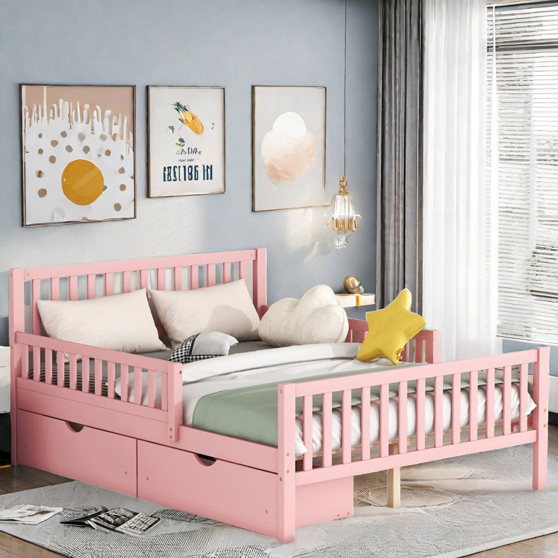 Lit plateforme avec garde-corps des deux côtés et deux tiroirs de rangement, Double, Rose