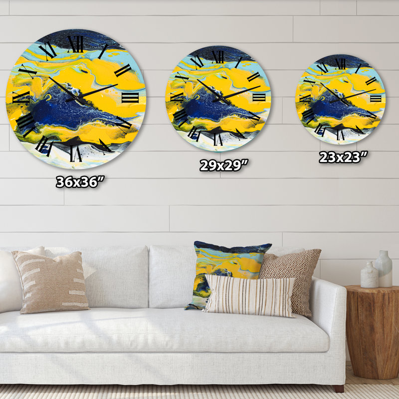 Composition abstraite de marbre jaune et bleu I - horloge murale moderne, Grand
