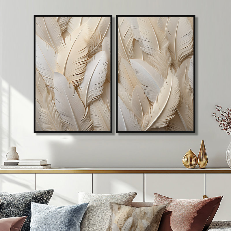 Plumes de plumes - art mural moderne, Noir, H 36 po x l 48 po, Impression encadrée flottante