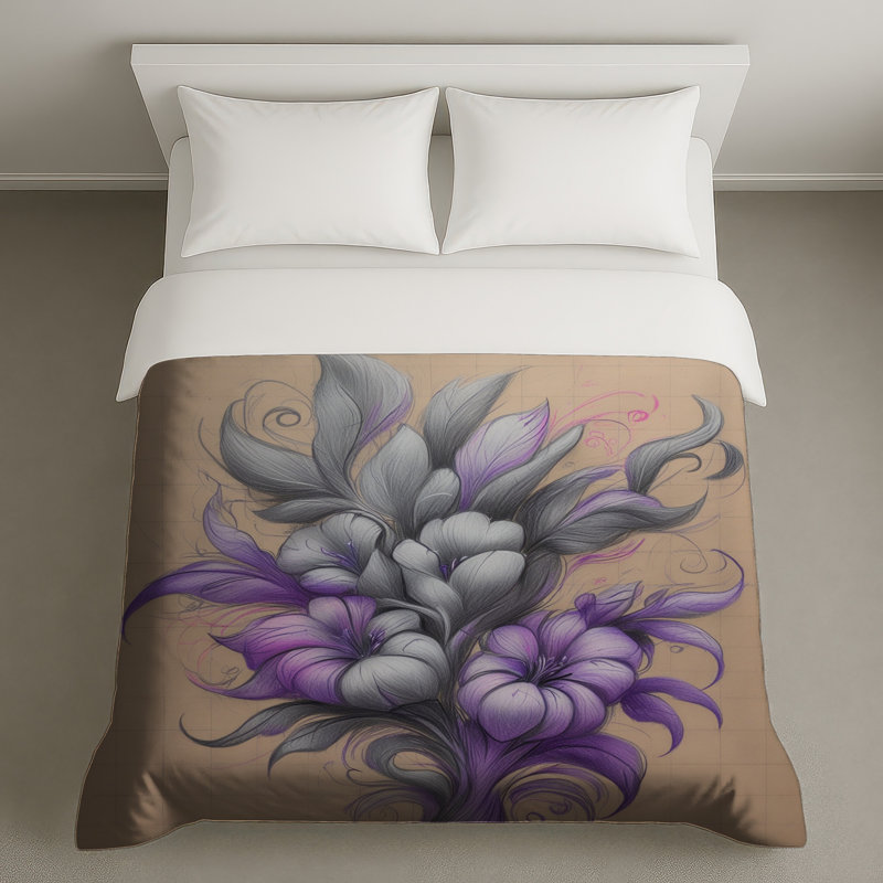 Housses de couette à motif floral violet gris, Grand lit