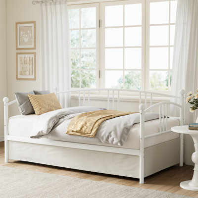 Lit de jour simple en métal - Structure de canapé-lit en métal avec tête de lit arquée, support de lattes en acier, aucun sommier requis, rangement sous le lit, assemblage facile, blanc