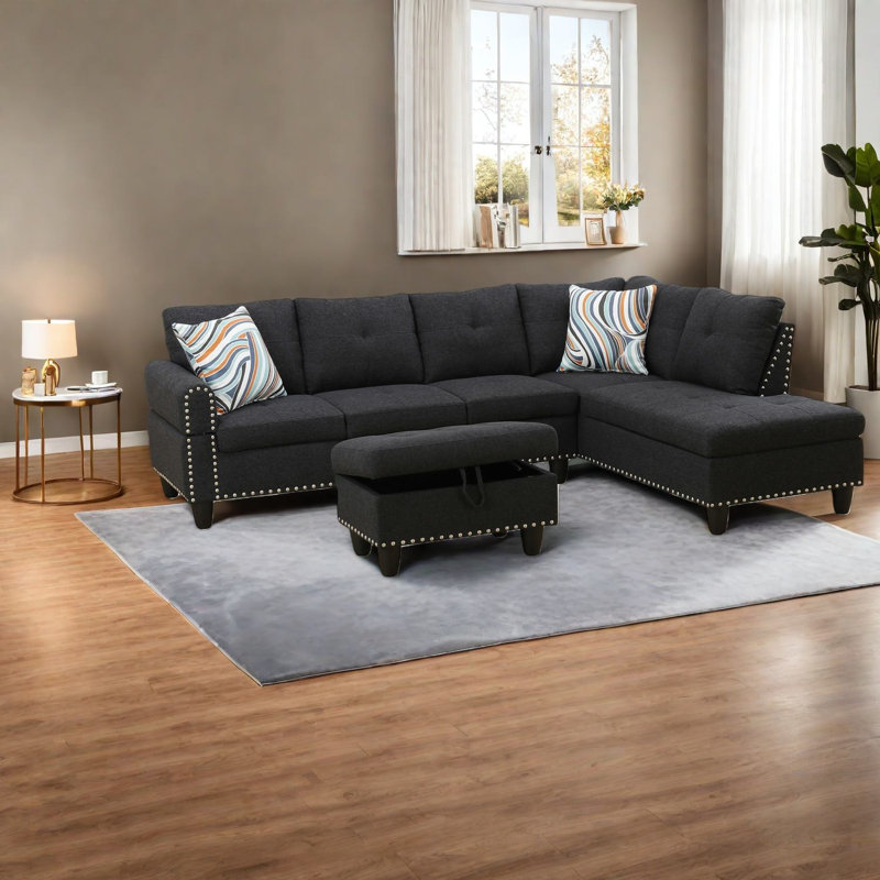 Ensemble de canapé de salon moderne en lin 3 pièces avec repose-pieds, table basse rabattable et porte-gobelets