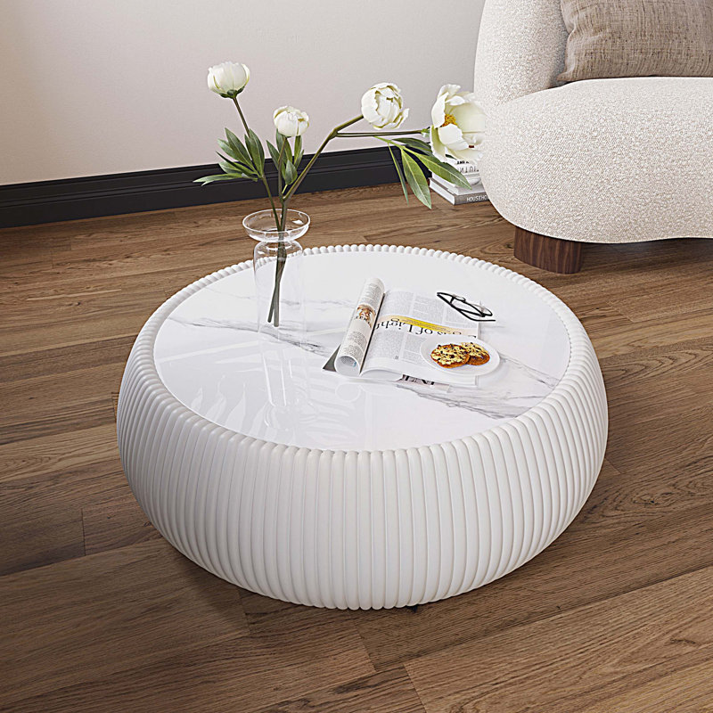 Marble Top Drum Shape Leather Coffee Table, Beige