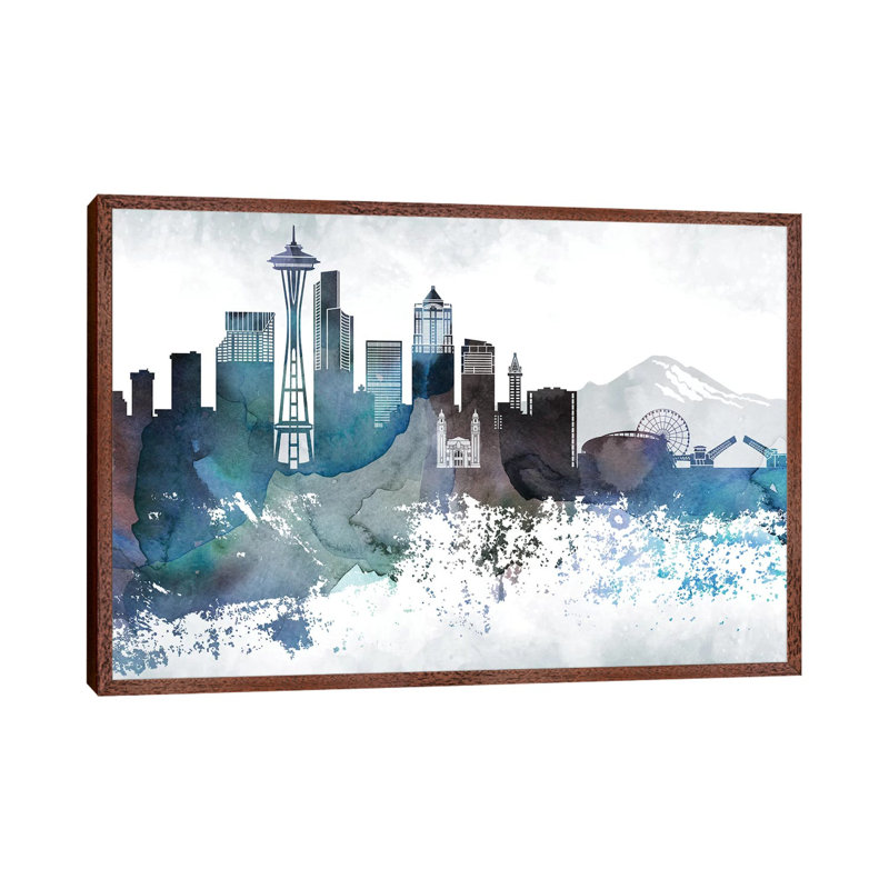 Seattle Bluish Skylines - Print on Canvas, 66.04 cm H x 45.72 cm W, Classic Brown Wood Framed