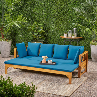 Canapé d'extérieur extensible 3 places en bois d'acacia, canapé rembourré, méridienne, méridienne spacieuse et méridienne de patio