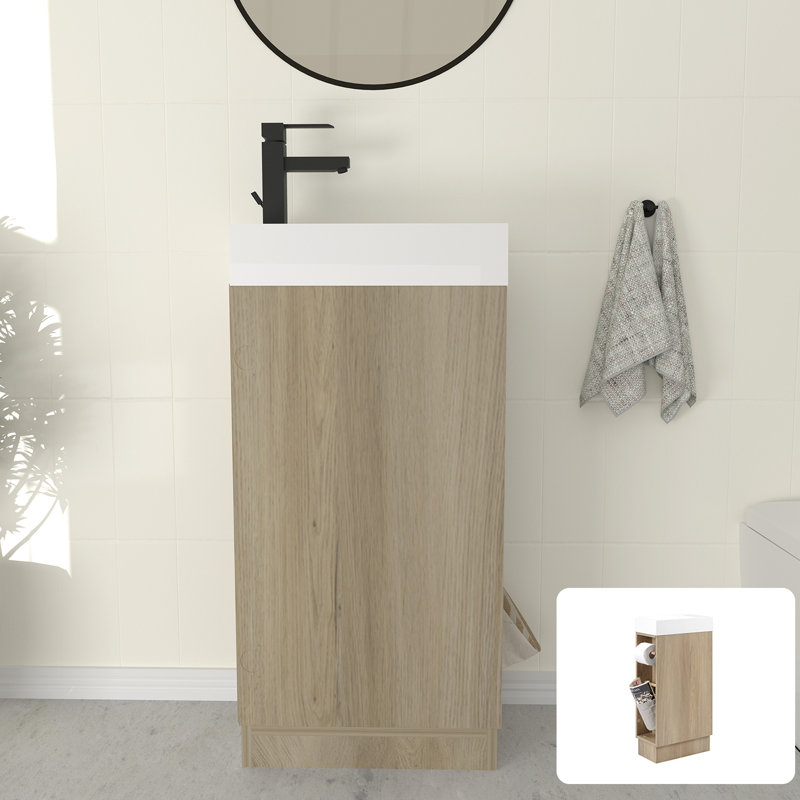 Petit meuble-lavabo de 16 pouces en frêne naturel avec lavabo en pierre, poignées dissimulées et porte-papier hygiénique