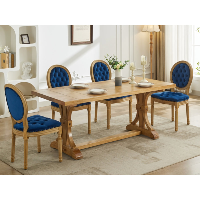 Élégantes chaises de salle à manger, velours bleu, bois massif, de 2 chevilles réglables en bois, fabriquées à la main