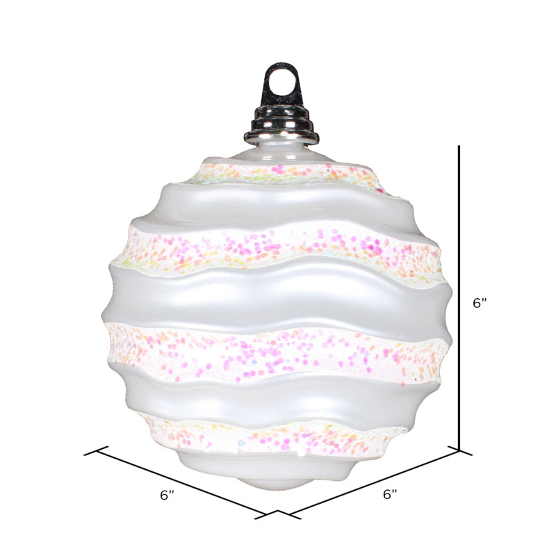 Stripe Candy Glitter Wave Ball Christmas Ornament, 6" H x 6" W x 6" D, White
