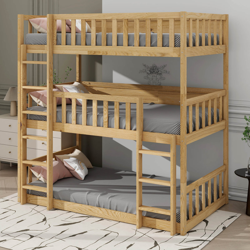 Twin-Sized Three-Tier Rubber Wood Bunk Bed, Fully Equipped With Ladders And Guardrails, Natural