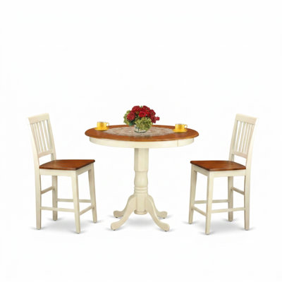 Ensemble de salle à manger 3 pièces en bois de cerisier couleur babeurre, hauteur comptoir, avec 2 chaises