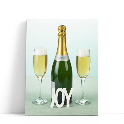 «Champagne Bottle and Glasses With The Letters Joy», reproduction d'art sur toile