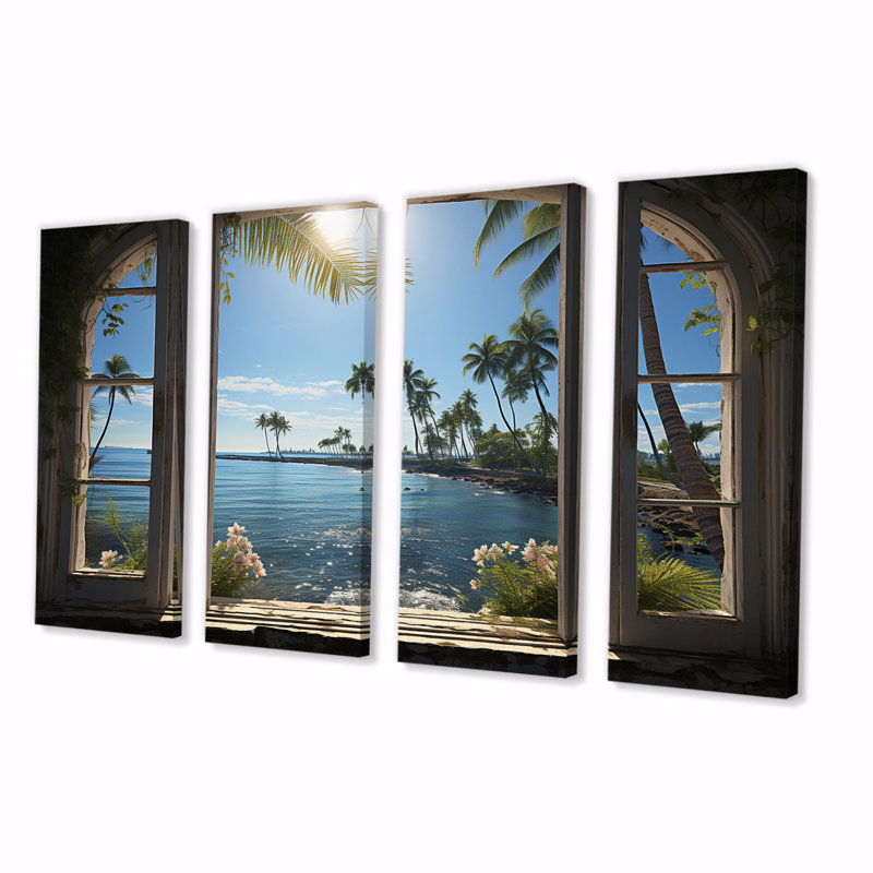 Océan tropical coucher de soleil à travers une fenêtre blanche ouverte II - art mural toile côtière - 4 panneaux