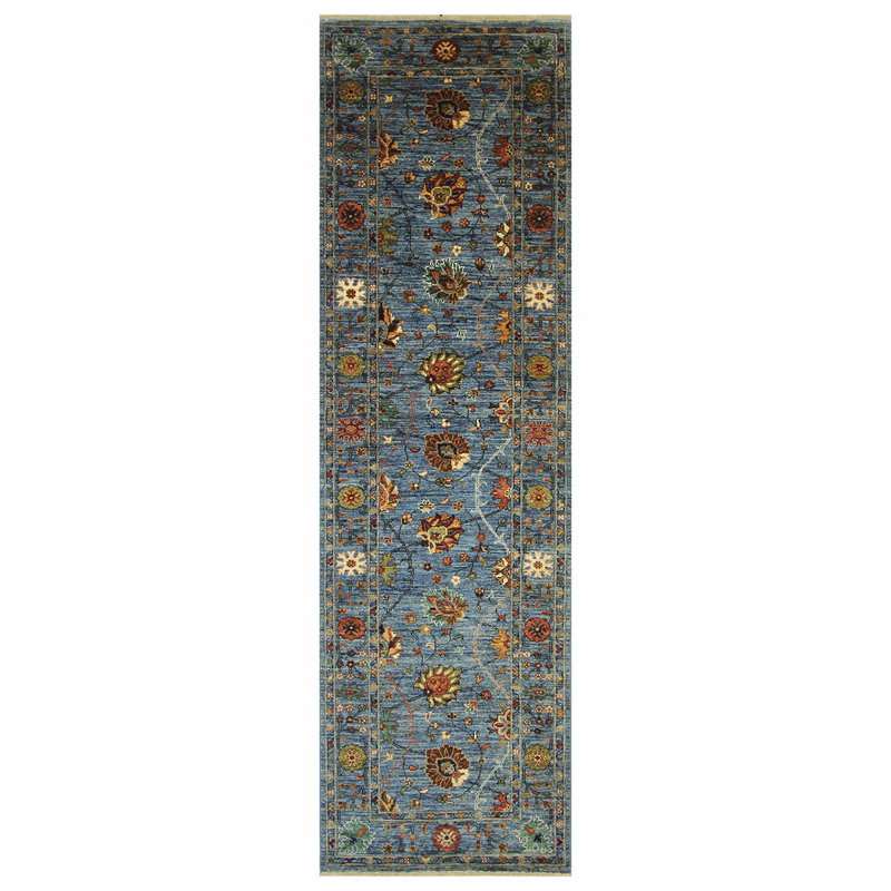 Tapis bleu clair noué à la main de haute qualité, Tapis de couloir 2 pi 9 po x 9 pi 6 po