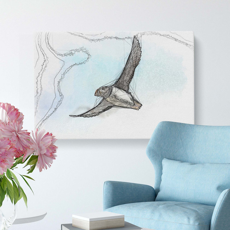 Flying Atlantic Puffin Bird in Abstract - Wrapped Canvas, 60cm H x 91cm W x 3cm D