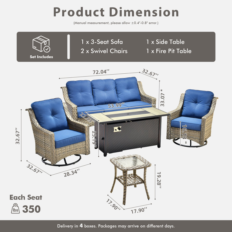 Emanuell 5 - Person Wicker Outdoor Conversation Set, Patio Sofa & Swivel Chair Set with Fire Pit and Cushions, Navy