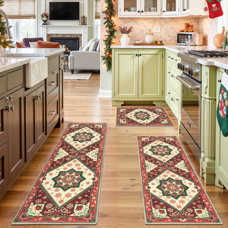 Christmas Red Kitchen Mat Runner Rug (Set of 3)