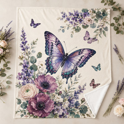 Jeté floral mauve papillon, grande aile aquarelle avec fleurs lavande et eucalyptus sur crème pour canapé, lit et fauteuil de lecture, 50 x 60 po