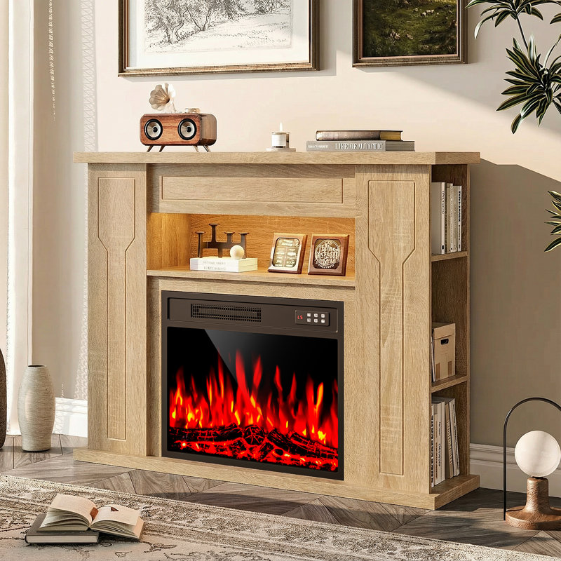 Foyer électrique de 43 po avec manteau de cheminée encastré de 23 po avec 7 couleurs de flamme réglables, Bois jaune moyen