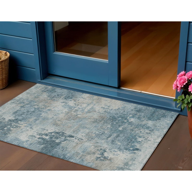 Tapis d'extérieur lavable abstrait bleu sarcelle 3 pi x 5 pi bleu et beige