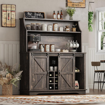 47" Farmhouse Coffee Bar with 3-Tier Storage, Kitchen Hutch with 9 Wine Racks & 3 Glass Holders, Coffee Hutch Cabinet with 6 Hooks, Wine Bar Cabinet f