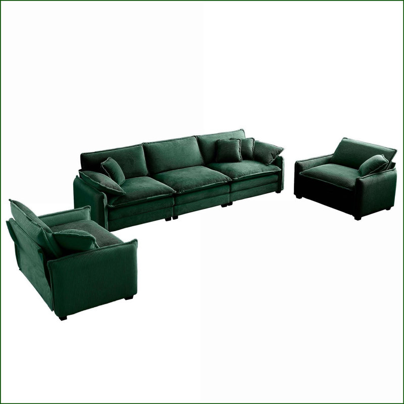 Ensemble de canapé, 3 places + 2 simples pour cinéma maison / salon, rétro moderne | Vert forêt | Velours côtelé, Vert