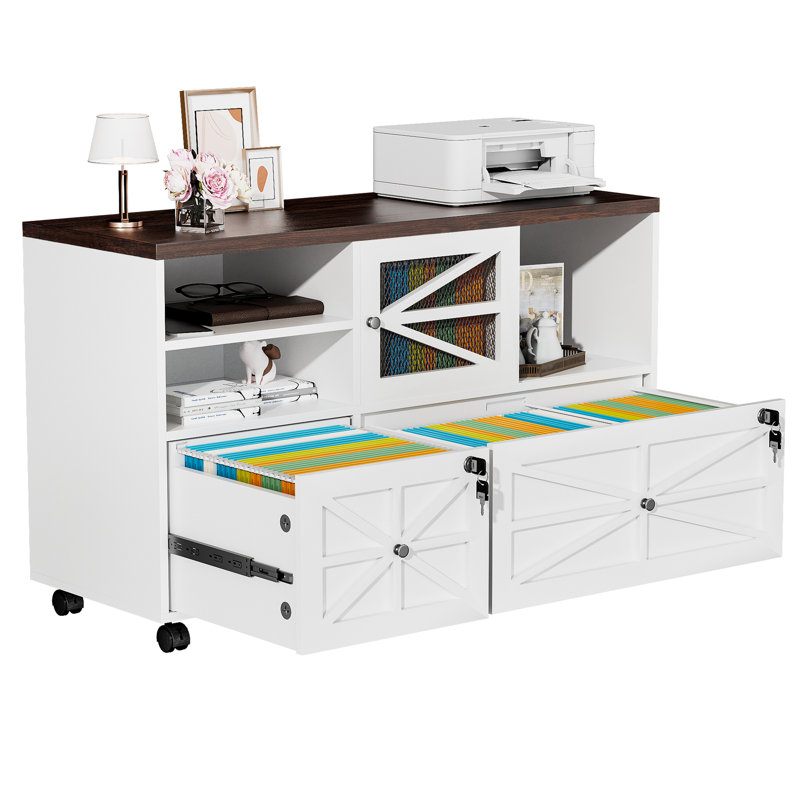 Lateral File Cabinet With Lock, 2 Drawer Mobile Filing Cabinet For Letter/legal/a4 Size, Open Storage Adjustable Shelf For Home Office Cabinets