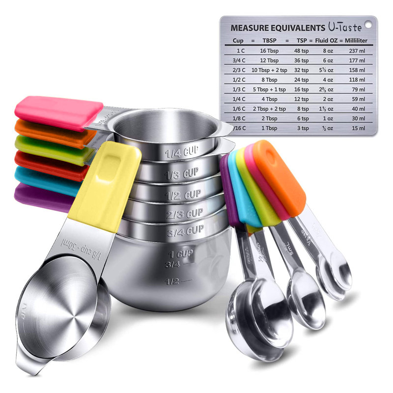 Ensemble de tasses et cuillères à mesurer magnétiques en acier inoxydable U-Taste 18/8: ensemble de 13 mesures de cuisine empilables en métal pour la cuisson des aliments (multicolore)