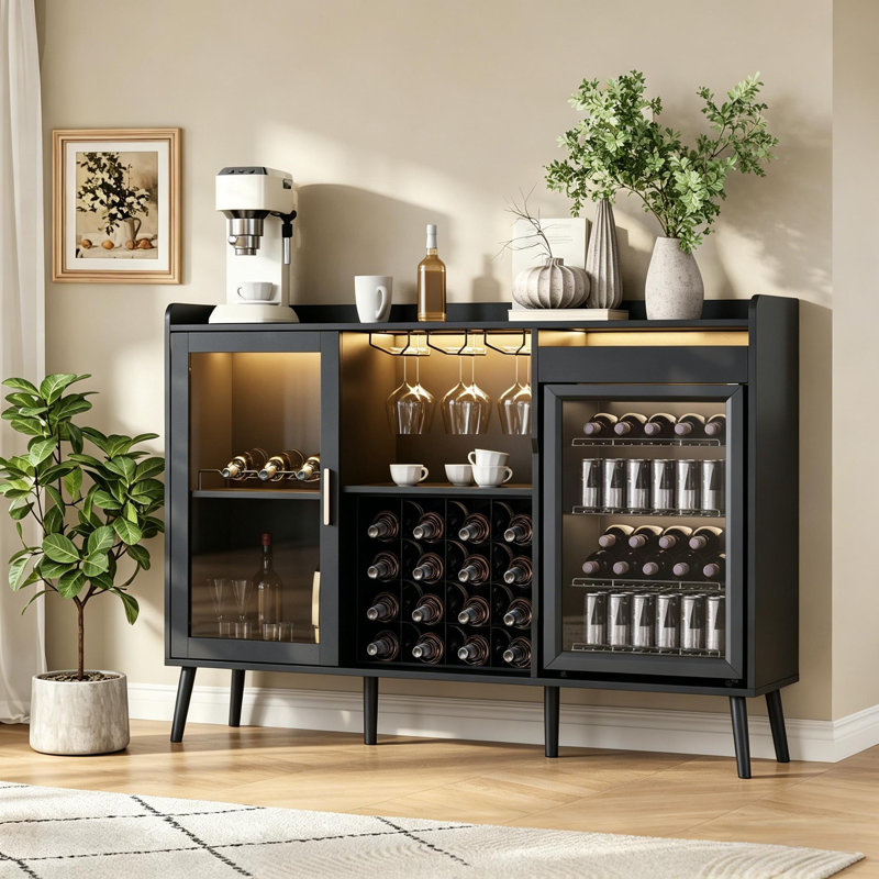 Black Coffee Bar Cabinet With Fridge Space, Liquor Cabinet With Power Outlet & Led Light, Mini Fridge Cabinet With Wine Rack & Glass Holder, Wine Bar Cabinet For Living Room, Home Bar