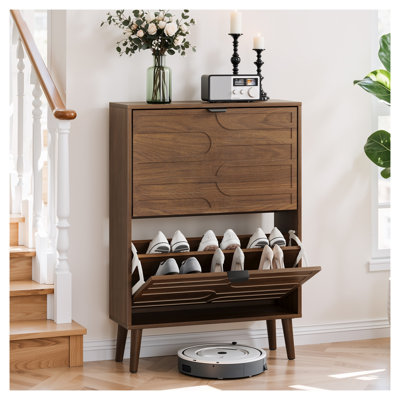Armoire à chaussures 24 pouces Mid-Century moderne en noyer avec tiroirs rabattables, organisateur de rangement autoportant à 2 niveaux pour vestibule