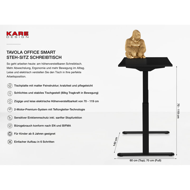 Desk Office Smart, 120cm H x 140cm W x 60cm D, Black/Black