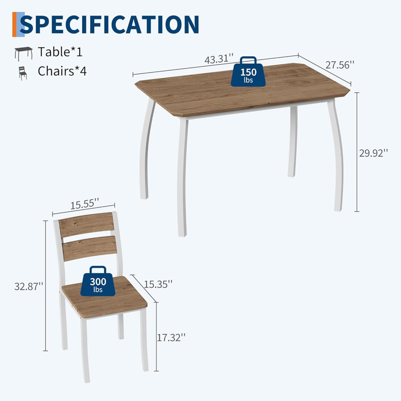 Ensemble de table de salle à manger pour 4 personnes, ensemble de 4 chaises de table de cuisine modernes avec bords chanfreinés et sièges en bois, coin repas pour petits espaces avec cadre en métal peu encombrant, blanc et grain de bois