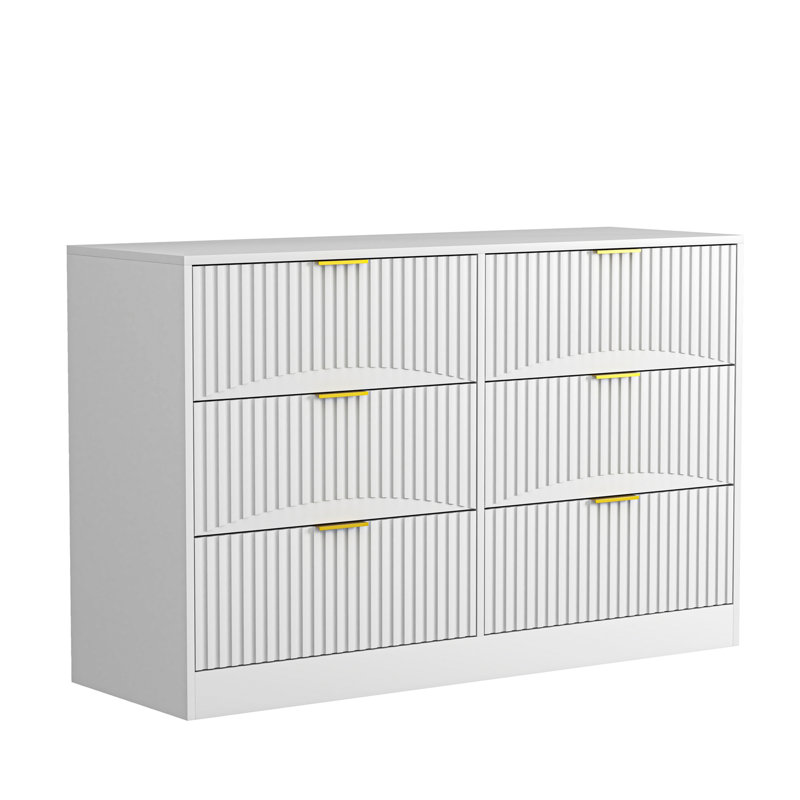 Commode moderne à 6 tiroirs, commode pour chambre à coucher, salon, couloir et vestibule - grande armoire de rangement, panneau de tiroir blanc à motifs ondulés