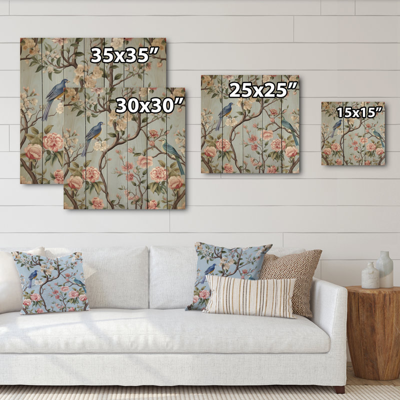 Minimalisme, oiseau sur fleurs IV sur bois, H 30 po x l 30 po x P 0,78 po