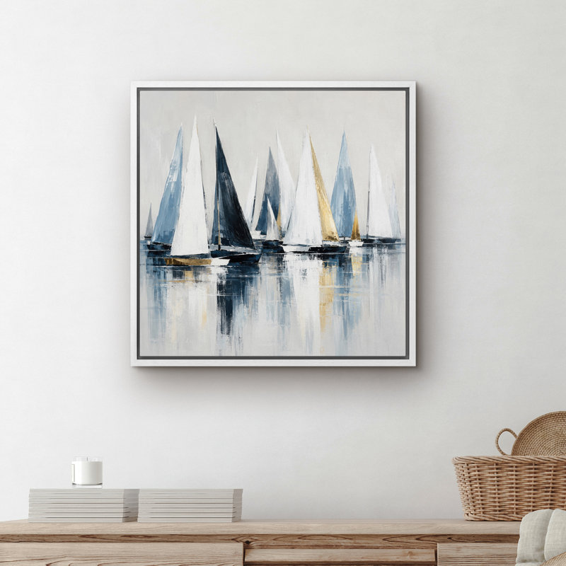 Navy Blue White Gold Sailboat Fleet Minimalist Nautical Wall Art Decor Framed On Canvas Print, 24" H x 24" W, White