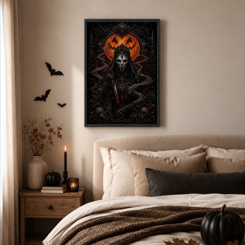Faucheuse de Dark Fantasy avec lune citrouille, toile murale d'Halloween, H 24 po x l 18 po
