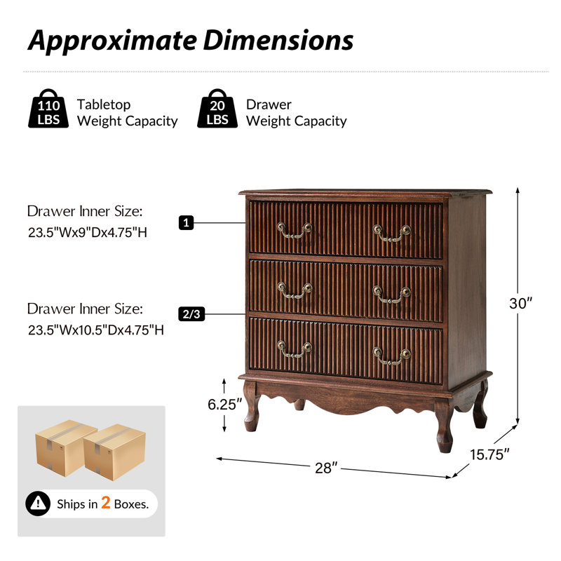 Kaybri Transitional 28"W 3-Drawer Solid Wood Fluted Chest with Built-In Power Outlet Simple Assembly Set of 2, Walnut